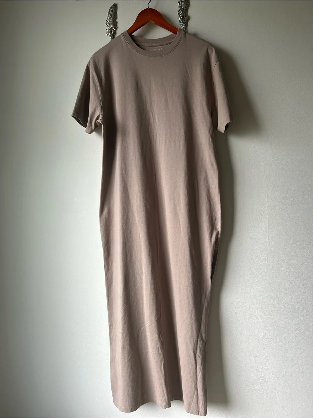ABERCROMBIE & FITCH Taupe Cotton T-Shirt Maxi Dress | Side Slit | Size Small